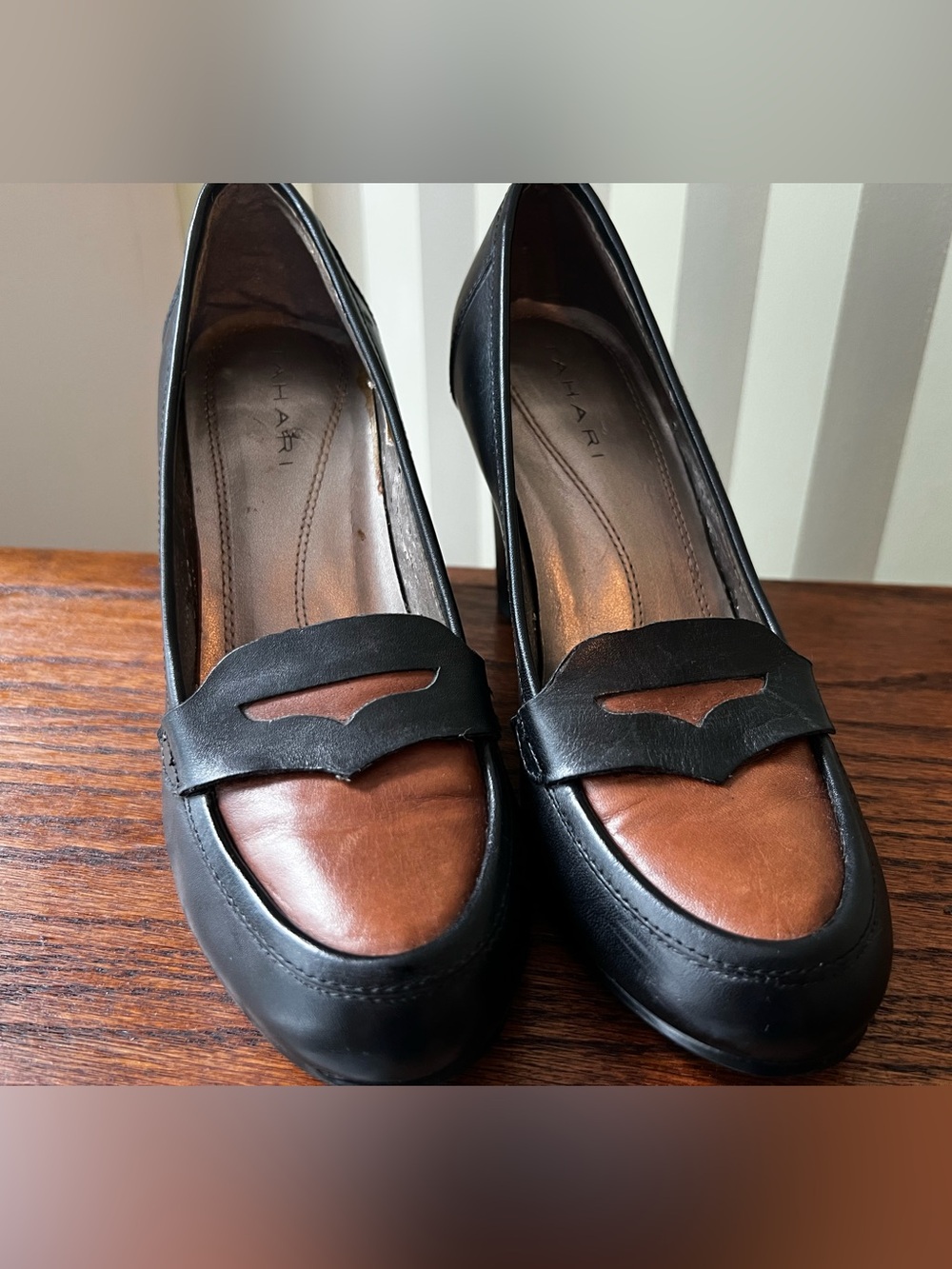 Tahari Salena Two-Tone Black and Brown Leather Penny Loafers